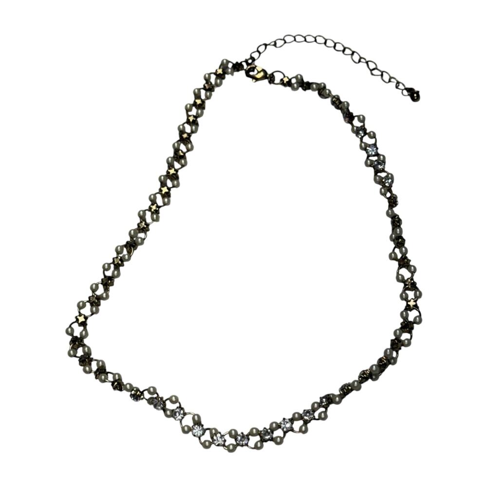 Faux Pearl Rhinestone Star Choker Necklace Antiqued Brass Extender Chain - Picture 4 of 6